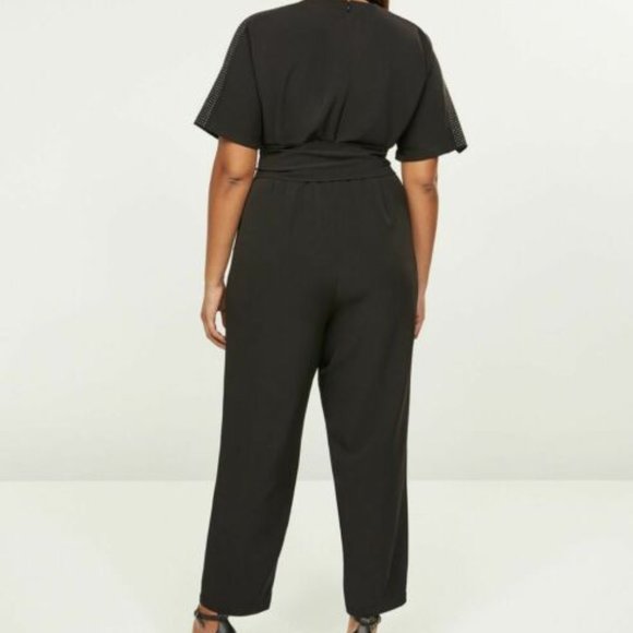 Jumpsuit 16  Black Studded Sleeves Crepe Pants 1 Piece Romper Stretch Plus NWT - Picture 3 of 5